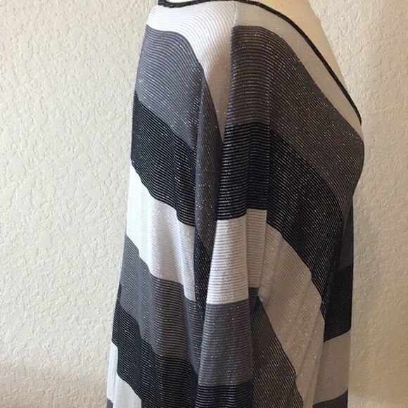 Cable & Gauge Top V Neck Sparkly Metallic Knit Stripe Tunic Black Gray Size L - Picture 5 of 11